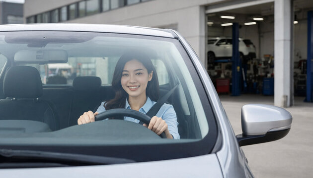 Young woman driving a car and smiling while parked outside an auto service garage. The image shows a front view through the windshield with clear copy space around the vehicle.