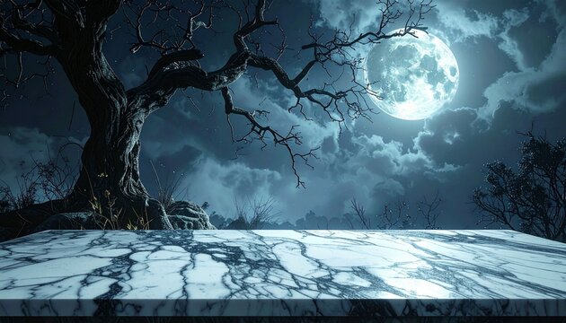 A marble table and the shadow of a dead tree at night&mdash;suitable as a Halloween-themed background.