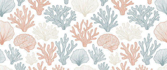 Hand Drawn Coral Reef Pattern, Vintage Style Marine Life © Joyo