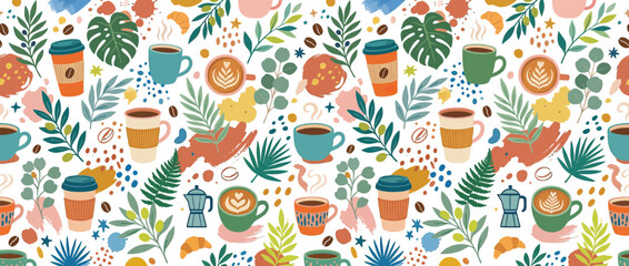 Fototapeta premium Hand-drawn coffee cups, plants, and pastries seamless pattern