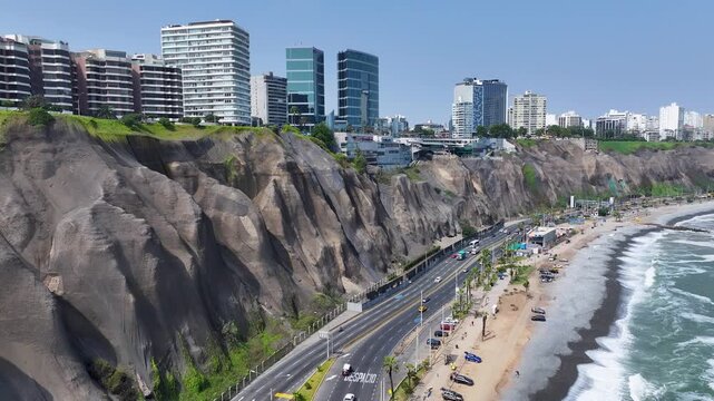 Miraflores Skyline In Metropolitan Region Of Lima In Peru. Scenic Cliffs. Downtown District. Freeway Road. Miraflores Skyline In Metropolitan Region Of Lima In Peru. Green Coast Landscape.