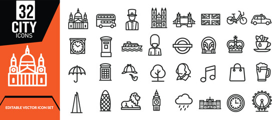 London city icon set 32 vector icons for tourism travel and uk themed designs © Dilara