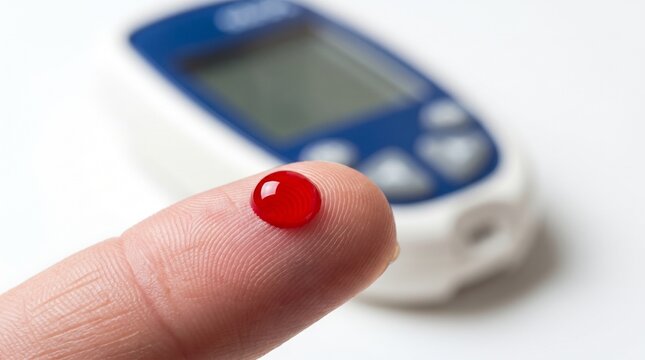 A close-up shot of a finger with a single drop of blood, indicating a blood sugar test, with a blurred glucometer in the background.