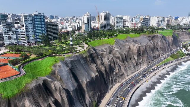 Lima Skyline In Miraflores In Lima Peru. Beach Landscape. Downtown District. Travel Destination. Lima Skyline In Miraflores In Lima Peru. Nature Park. Green Coast Cliffs Road.