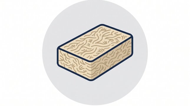 "MINERAL WOOL INSULATION". Flat isometric vector illustration of a beige fibrous insulation block with textured pattern. Clean design inside light gray circle. Perfect for construction, thermal insula