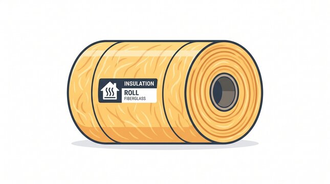 "FIBERGLASS INSULATION ROLL". Flat vector illustration of a yellow rolled fiberglass bat with "INSULATION ROLL FIBERGLASS" label and house icon. Clean design on white background. Perfect for construct