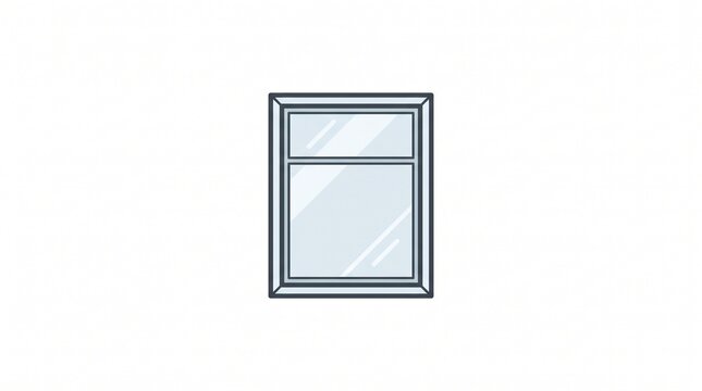 "DOUBLE-HUNG WINDOW". Flat vector illustration of a rectangular window with dark gray frame and two glass panes. Clean, minimalist design with light reflections. Perfect for architecture, construction