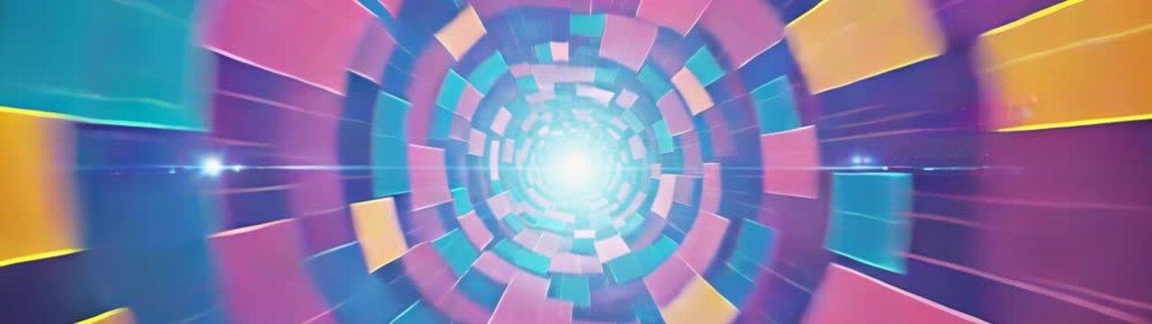 Multicolored rectangular shapes forming a bright futuristic tunnel leading towards a glowing light at its center.