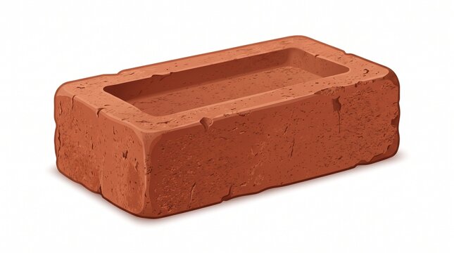 "REALISTIC RED BRICK". 3D illustration of a single terracotta building brick with textured surface, frog indentation, and worn edges. Detailed cracks and pores. Clean white background. Perfect for con