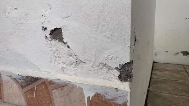 Peeling Wall Plaster with Damaged Cement Surface and Cracked Texture