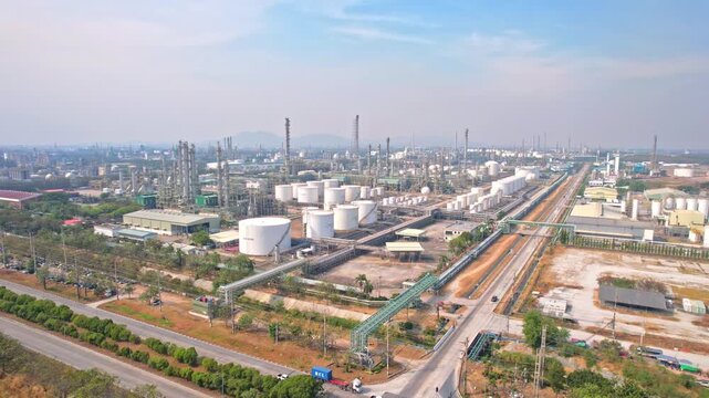 Aerial view of oil industrial with tanks, pipelines, chimneys, and roads. 
