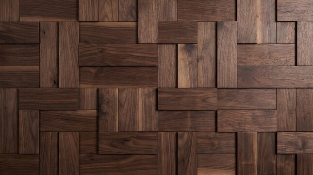 Walnut Wood Wall Panel Parquet Interlocking Block Pattern Geometric 3D Timber Tile Modern Luxury Interior Backdrop Background