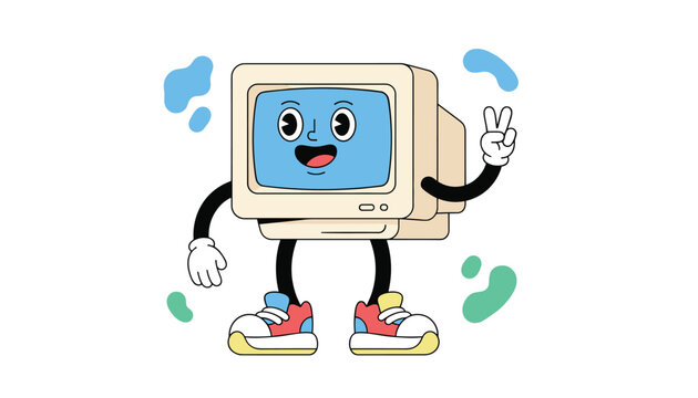 Retro cute computer character cartoon mascot making a peace sign