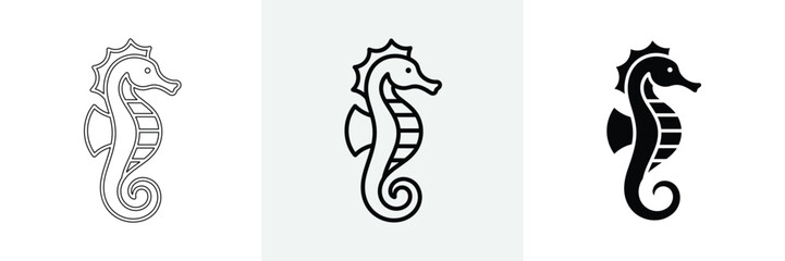 Fototapeta premium Detailed seahorse icons set featuring aquatic sea life in different styles.