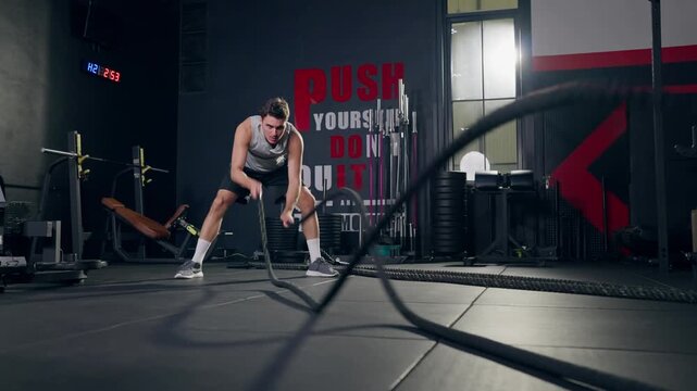 Latino young sportsman exercising with battle ropes in modern fitness gym. 