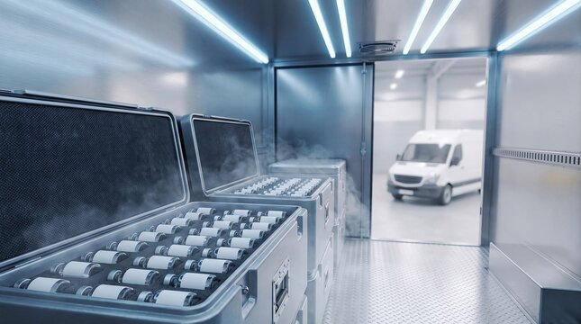 Insulated pharmaceutical transport containers with vaccine vials inside refrigerated delivery truck for temperature controlled cold chain logistics