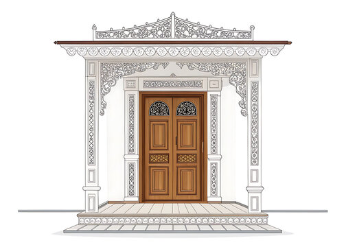 Kerala traditional wooden house doorway with carved frame and sloped lintel  minimal vector style  clean flat design