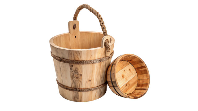 Traditional small wooden bucket sauna pail container layout isolated on transparent background