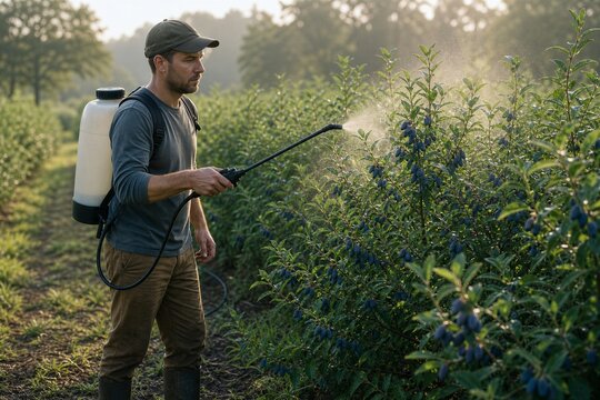 Farmer Spraying Plants in Early Morning Light
