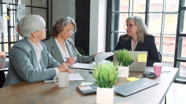 Meeting room in office of modern company, female boss and head of departments. Senior ladies communicating about business and marketing strategy, investment in new project and startup, empowered women