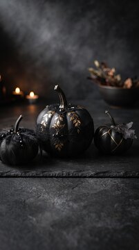 Elegant black pumpkins with gold lace details on dark slate surface