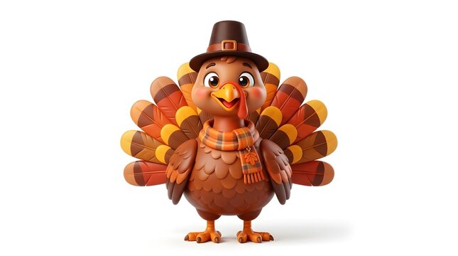 Cute 3D Cute Thanksgiving Turkey Character Wearing Pilgrim Hat and Plaid Scarf Isolated on White Background