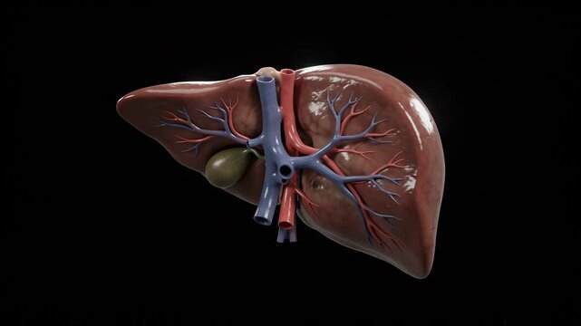 Rotating human liver anatomy showing blood vessels and gallbladder