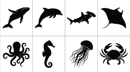 Sea life animals pitch black solid silhouette vector set isolated on white background for ocean and marine design collection © MdMehedi