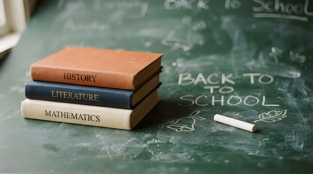 Stack of history, literature, and mathematics books on a green chalkboard with back to school text