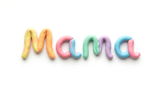Handmade Mama word in colorful modeling clay, pastel plasticine letters on white background, creative motherhood and family concept art