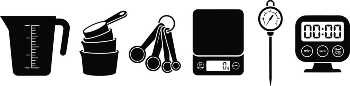 Set of black kitchen measuring tools including a jug cup spoons scale thermometer and a digital timer for cooking and baking preparation tasks in a professional style