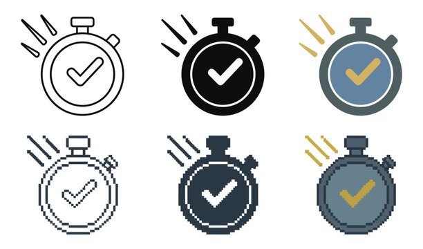 Stopwatch check icon set featuring timer with checkmark design. Available in outline, solid, and colored gold blue styles. Perfect vector icons for task completion, productivity, and deadline tracking