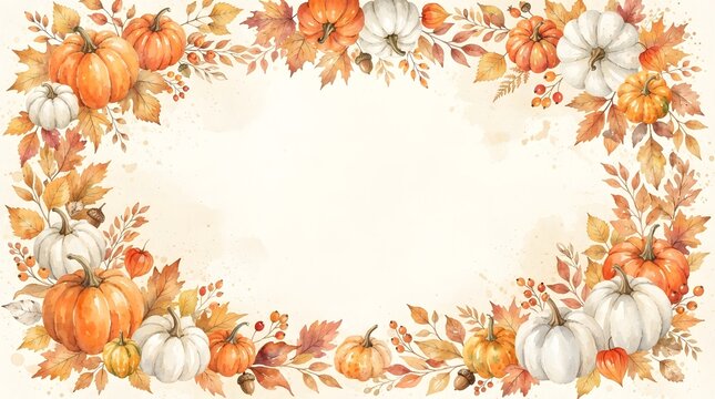 Watercolor thanksgiving background with pumpkins and fall leaves festive autumn border