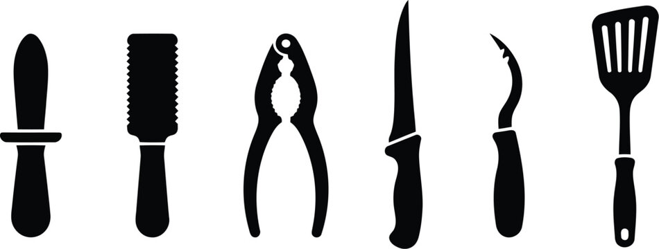 Set of black kitchen utensil silhouettes including knife nutcracker and spatula for cooking and food preparation tasks isolated on a flat design style background