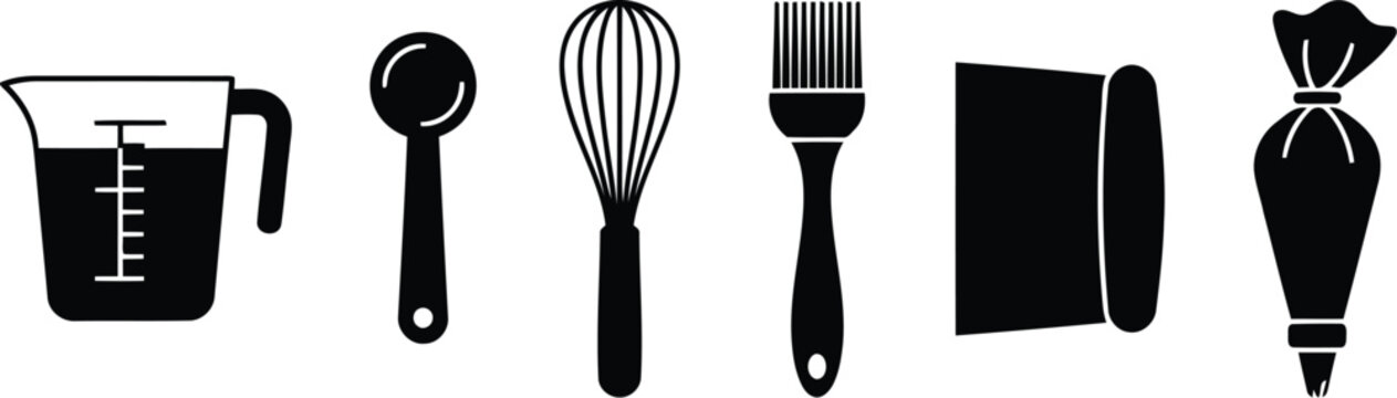 Set of black silhouette icons of kitchen baking tools including measuring cup whisk pastry brush and piping bag for cooking and food preparation design projects