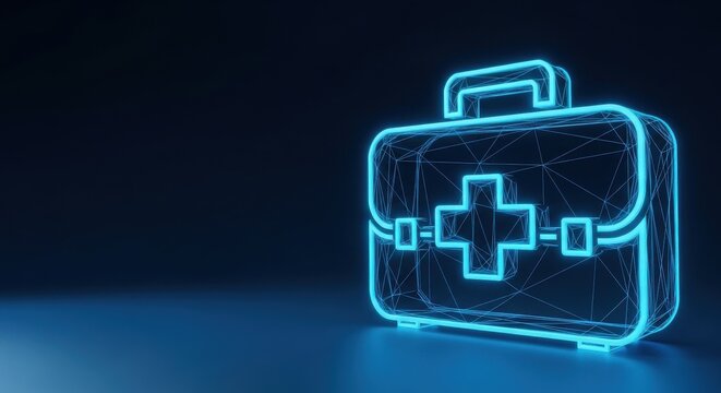 Futuristic Neon Wireframe First Aid Kit Icon Glowing in Digital Darkness
