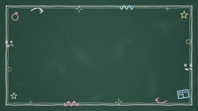 Green chalkboard with chalk doodles, an apple, an open book and drifting chalk dust, seamless looping background with copy space