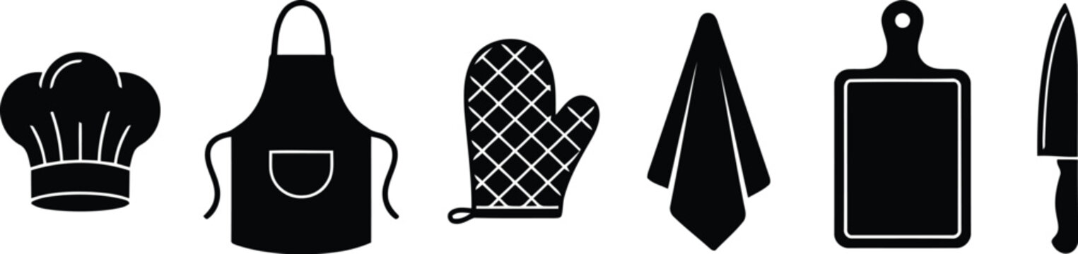 Set of black kitchen icons featuring a chef hat apron oven mitt towel cutting board and knife for cooking and restaurant design elements in a simple flat style