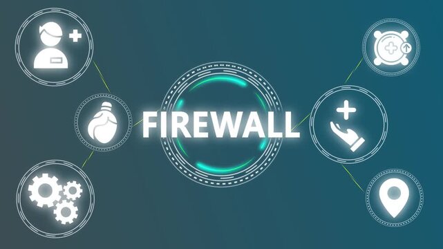 Cybersecurity Firewall Protection in Healthcare: Abstract Digital Network, Data Security, and Patient Record Privacy Concept with Medical Icons.