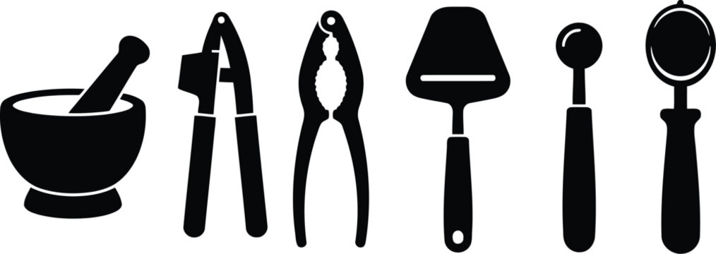 Set of black kitchen utensil icons including mortar and pestle nutcracker cheese slicer and melon baller for cooking and food preparation tasks in a simple style