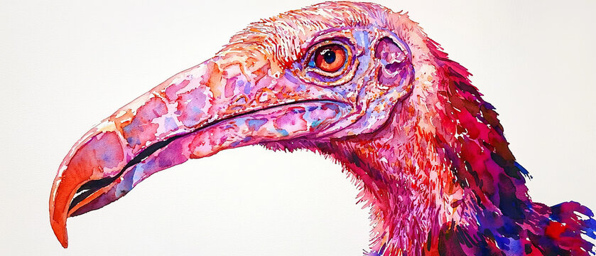 Vibrant watercolor painting of a bird's head profile, showcasing a long beak and striking pink, red, and purple colors