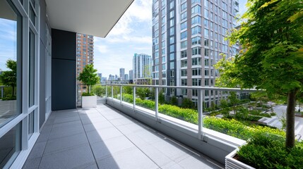 Obraz premium Modern balcony overlooking urban skyline with lush greenery and tall buildings on a bright sunny day