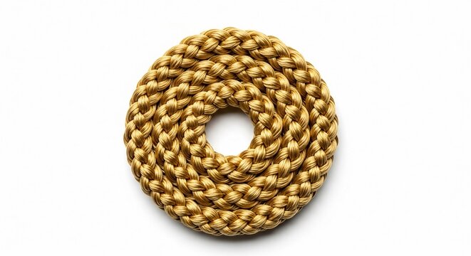 Golden braided rope coiled into a perfect circle, isolated on a white background, showcasing intricate texture and material detail