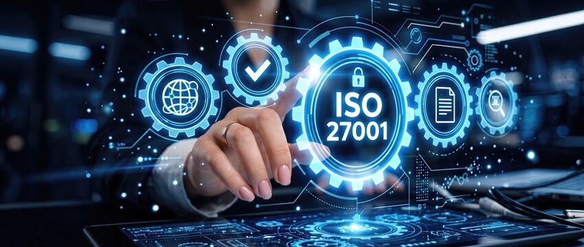 Businesswoman interacting with digital interface displaying iso 27001 certification showcasing cybersecurity and data protection concepts in a modern office environment