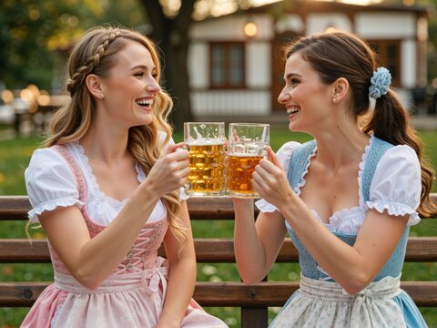 Happy women toasting beer mugs at oktoberfest celebration