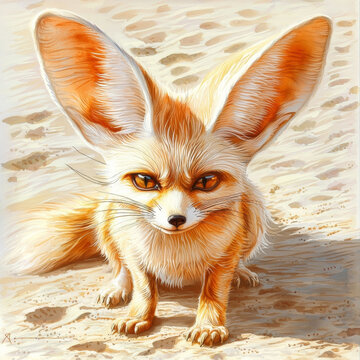 Watercolor art of an adorable fennec fox with remarkably large ears and intense amber eyes, sitting on sandy ground