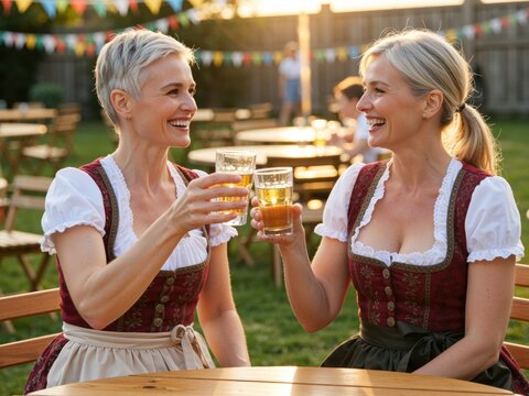 Women wearing dirndls sharing a toast at oktoberfest celebration