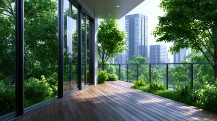 Obraz premium Sunny balcony with glass railing overlooks lush trees and distant modern skyscrapers under blue sky