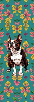Staffordshire Bull Terrier in downward-facing dog pose on a seamless pattern background, exercise, seamless pattern