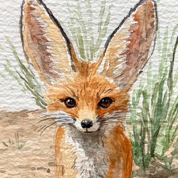 Watercolor painting of a curious fennec fox with large ears and warm orange fur, peeking from subtle green grass and desert earth